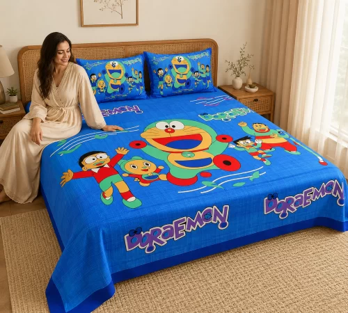 Queen Size Double Bedsheet (90 × 100 Inches) (Doraemon Prints)