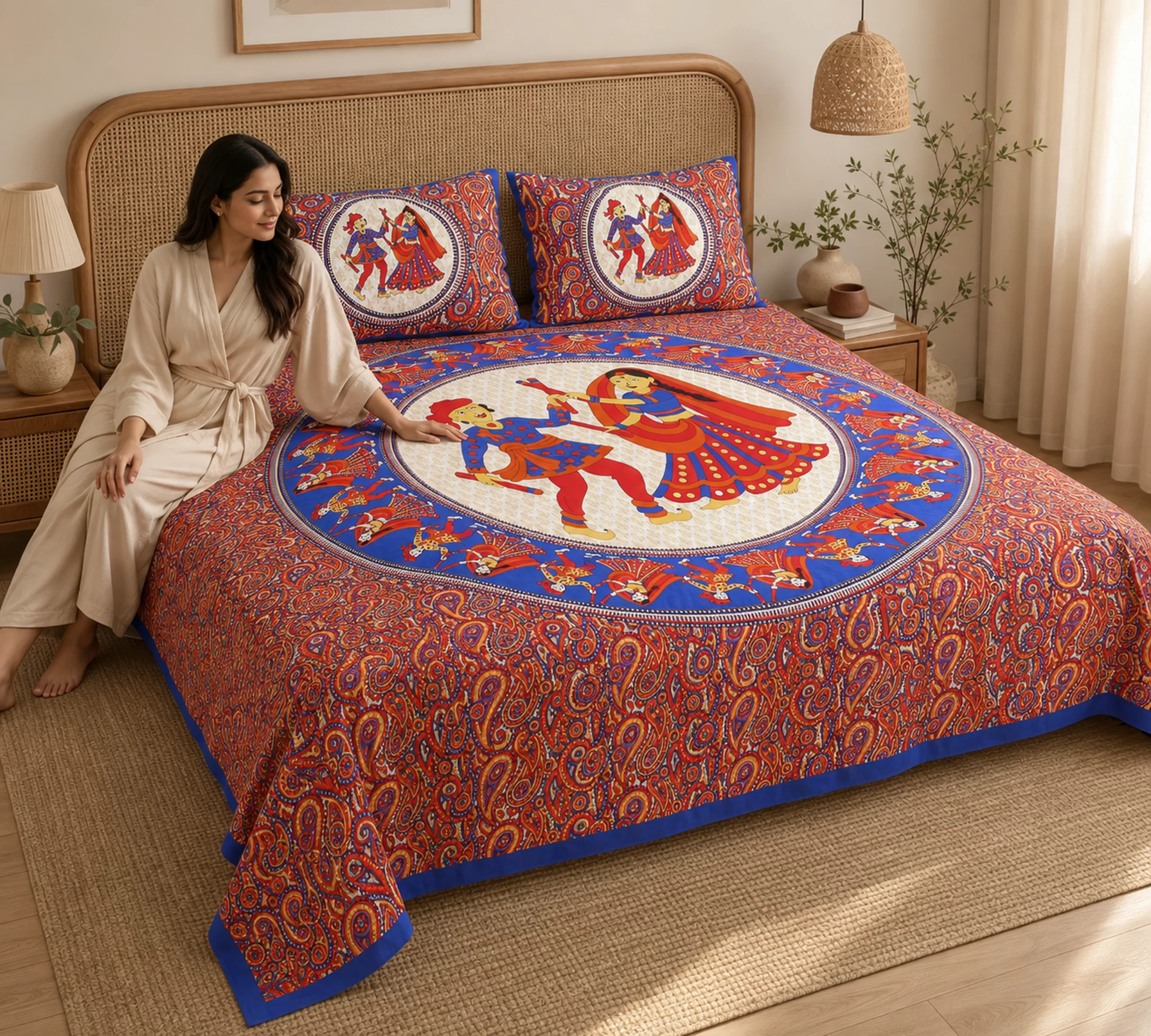 Queen Size Double Bedsheet (90 × 100 Inches) (Dandiya Prints)
