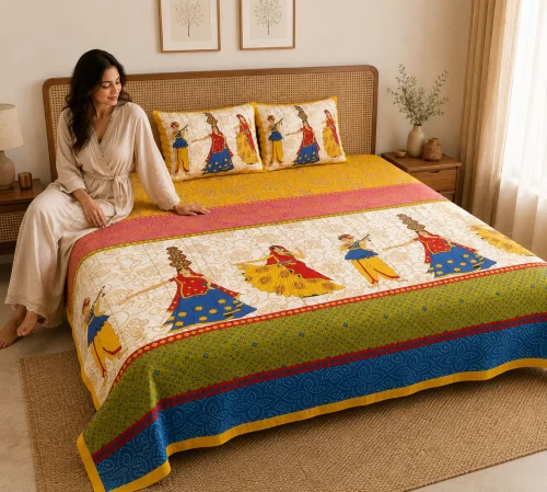 Queen Size Double Bedsheet (90 × 100 Inches) (Folk Dancer Prints)