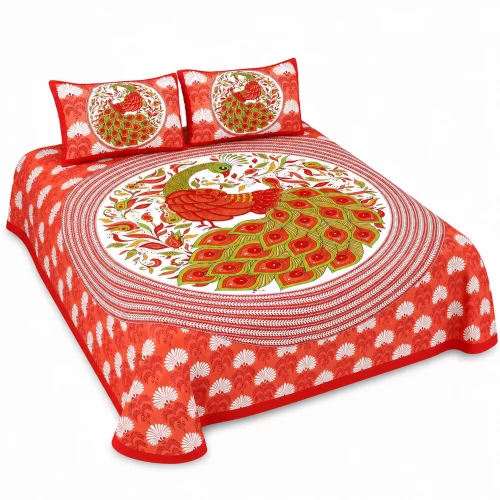 Queen Size Double Bedsheet (90 × 100 Inches) (Peacock Prints) 2