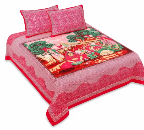 Queen Size Double Bedsheet (90 × 100 Inches) (Village Prints) 1