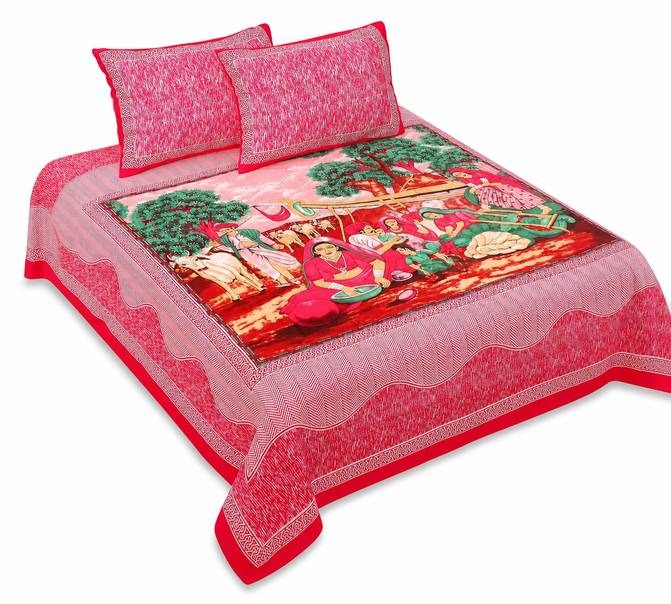Queen Size Double Bedsheet (90 × 100 Inches) (Village Prints) 1