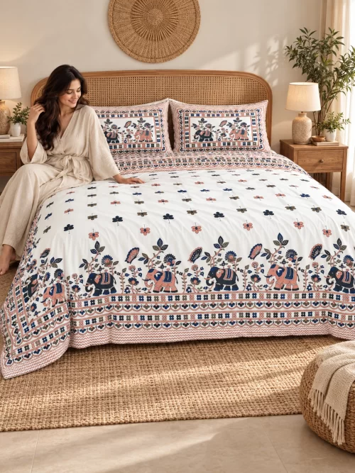 Super King Size Bedsheet (108 × 108 Inches) Elephant Floral Print