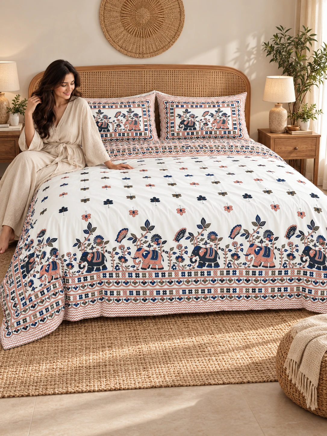 Super King Size Bedsheet (108 × 108 Inches) Elephant Floral Print