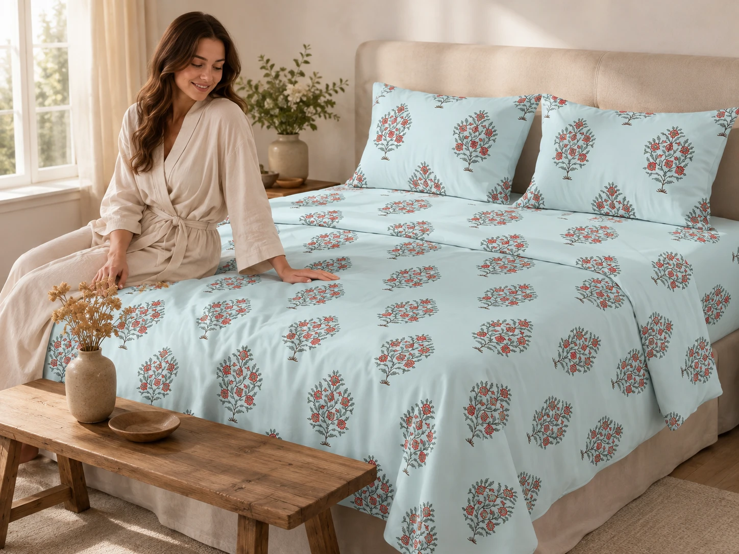 Malmal Super King Size Bedsheet (108 × 108 inches) Blooming Floral