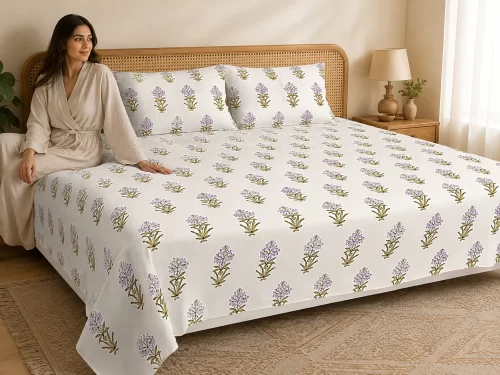 Malmal Super King Size Bedsheet (108 × 108 inches) Bloom Hand Block Print