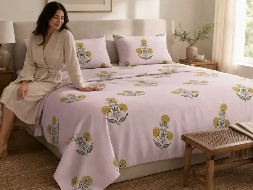 Malmal Super King Size Bedsheet (108 × 108 inches) Botanical Bloom Floral