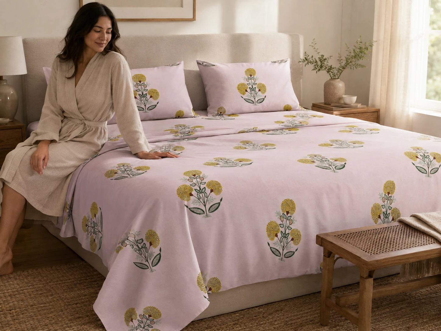 Malmal Super King Size Bedsheet (108 × 108 inches) Botanical Bloom Floral