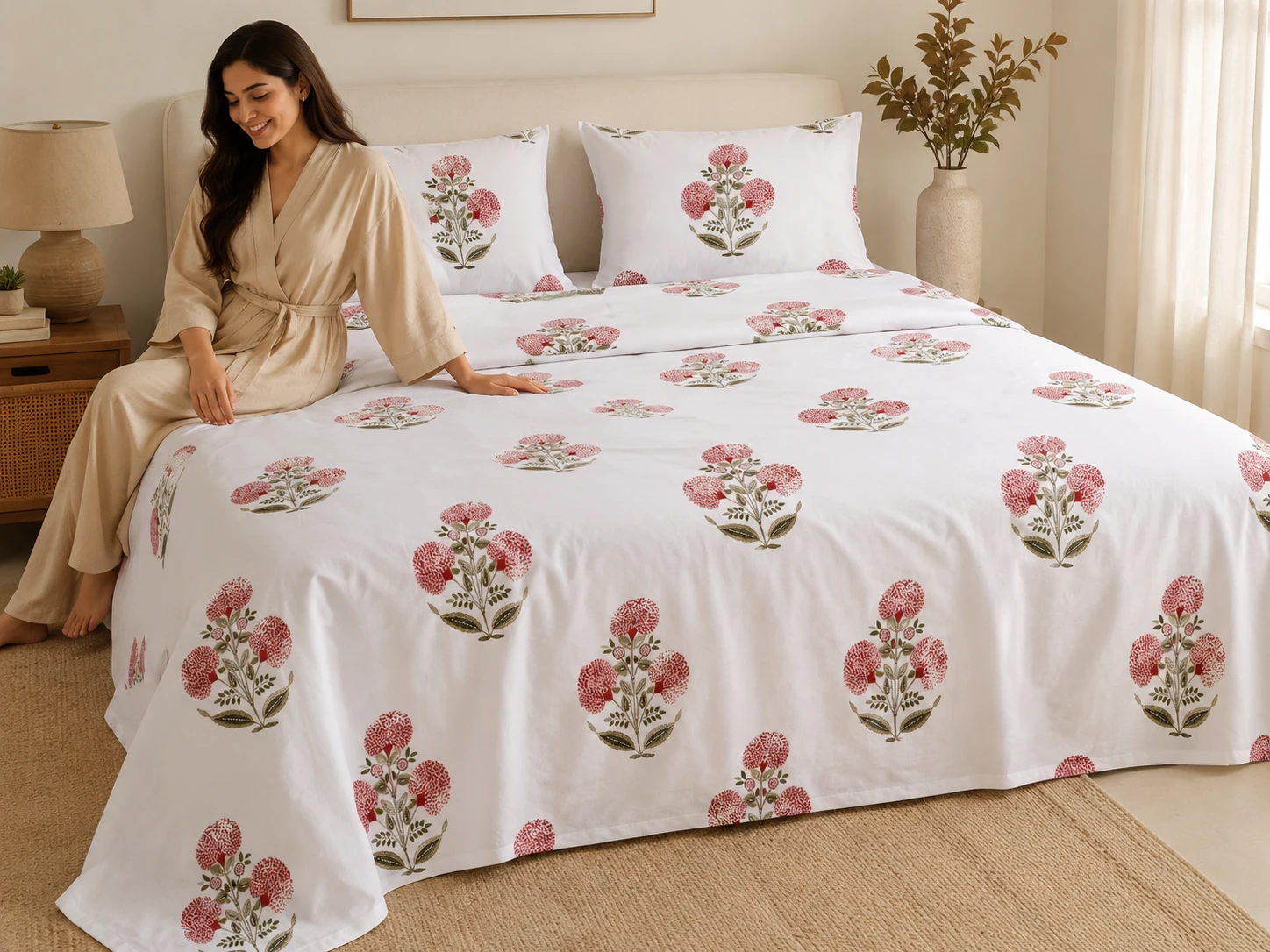 Malmal Super King Size Bedsheet (108 × 108 inches) Rose Bloom Botanical Floral