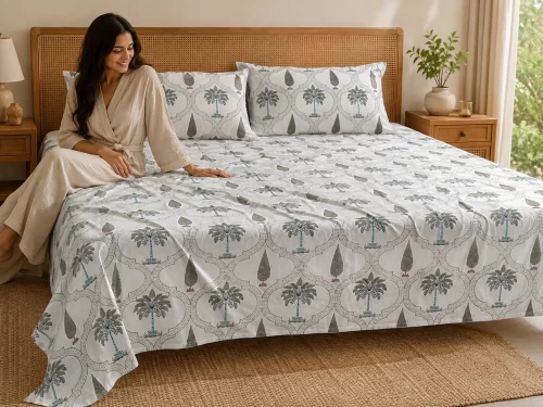 Malmal Super King Size Bedsheet (108 Ă— 108 inches) Palm Tree