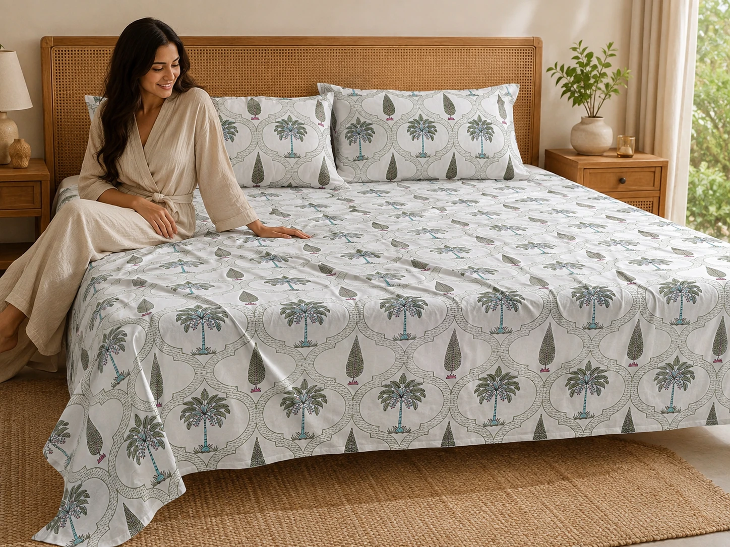 Malmal Super King Size Bedsheet (108 × 108 inches) Palm Tree