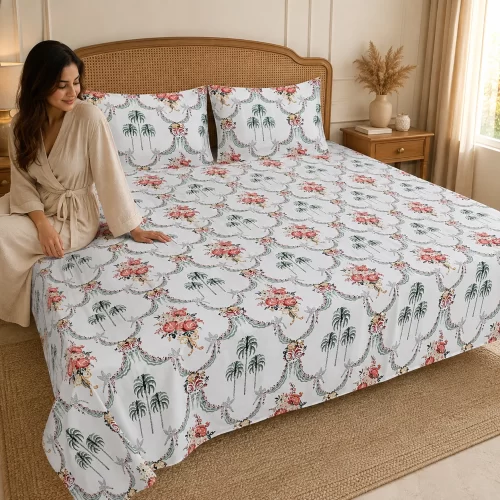 Malmal Super King Size Bedsheet (108 Ă— 108 inches) Palm Rose Print