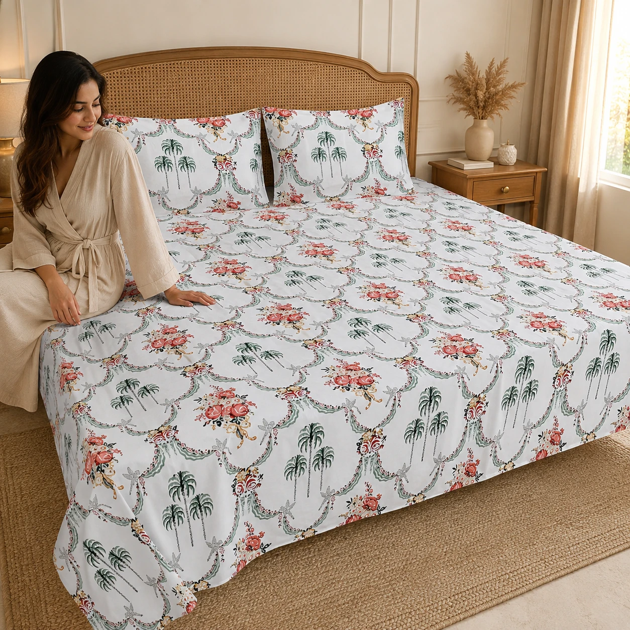 Malmal Super King Size Bedsheet (108 × 108 inches) Palm Rose Print