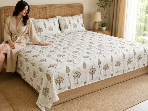 Malmal Super King Size Bedsheet (108 Ă— 108 inches) Palm Tree Print