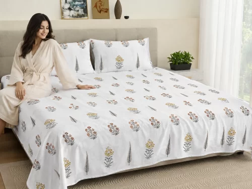 Malmal Super King Size Bedsheet (108 × 108 inches) Floral Booti Print