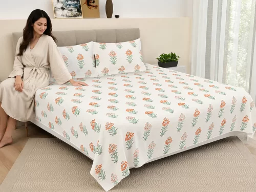 Malmal Super King Size Bedsheet (108 × 108 inches) Floral Sprig