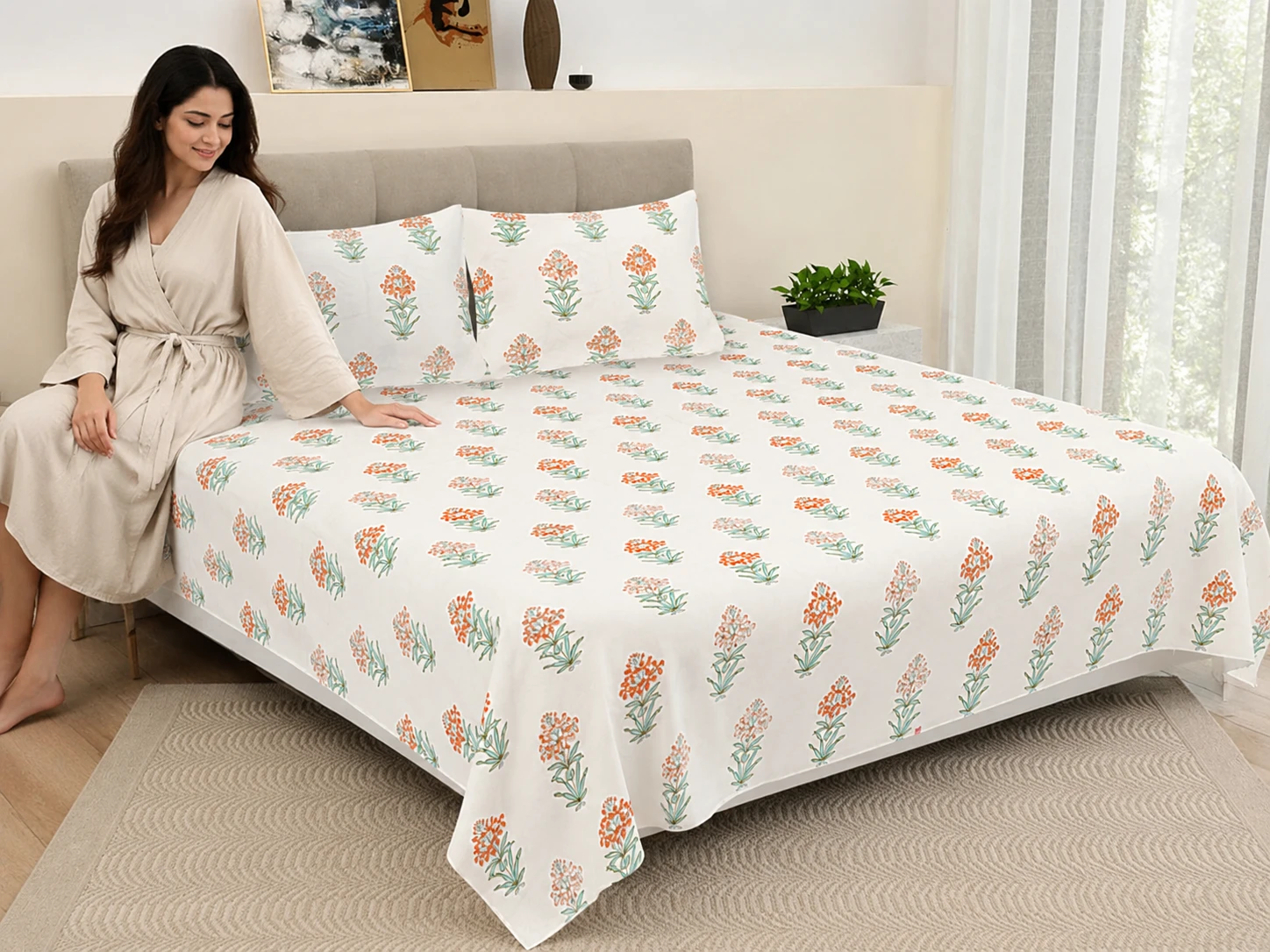 Malmal Super King Size Bedsheet (108 × 108 inches) Floral Sprig