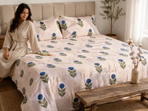 Malmal Super King Size Bedsheet (108 × 108 inches) Bloom Block Print