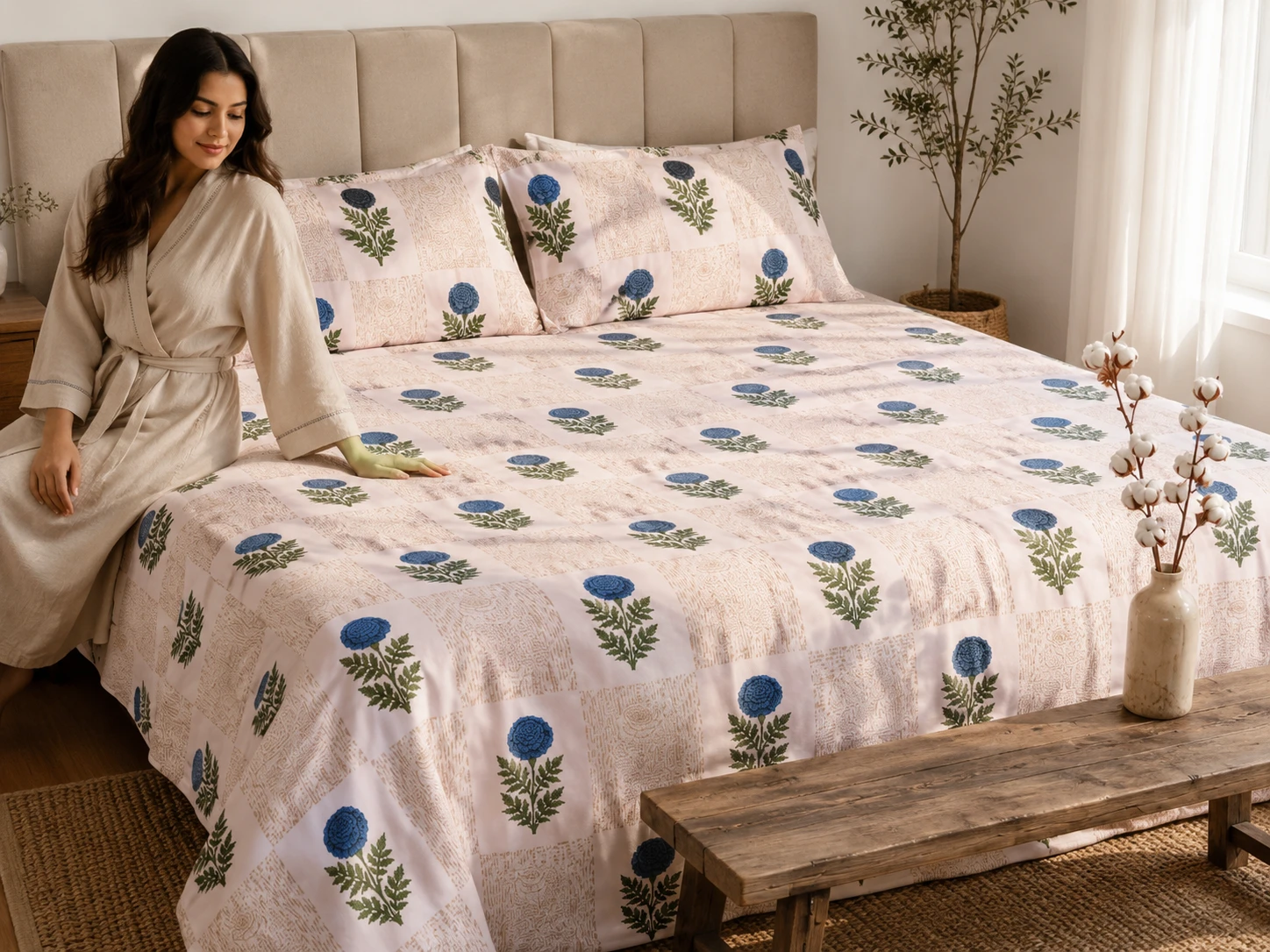 Malmal Super King Size Bedsheet (108 × 108 inches) Bloom Block Print