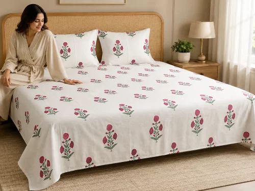 Malmal Super King Size Bedsheet (108 × 108 inches) Floral Booti Print