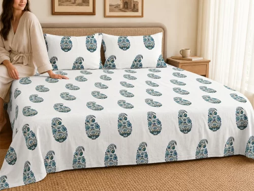 Malmal Super King Size Bedsheet (108 × 108 inches) Floral Block Print