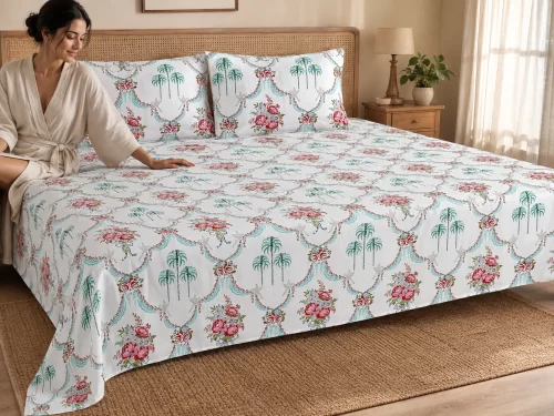 Malmal Super King Size Bedsheet (108 Ă— 108 inches) Palm Floral Printed