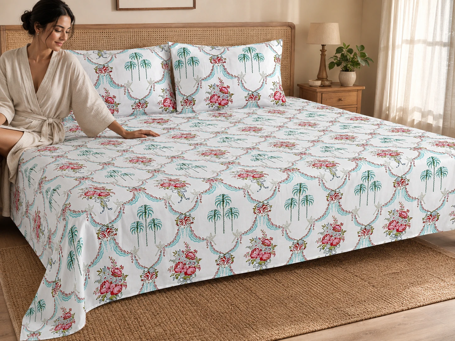 Malmal Super King Size Bedsheet (108 × 108 inches) Palm Floral Printed