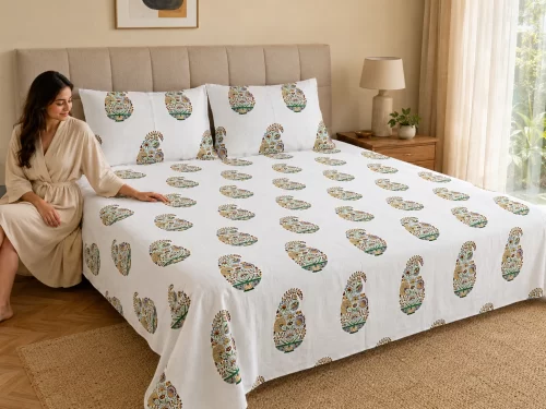 Malmal Super King Size Bedsheet (108 Ă— 108 inches) Paisley Print