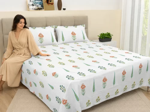 Malmal Super King Size Bedsheet (108 × 108 inches) Botanical Bloom Floral