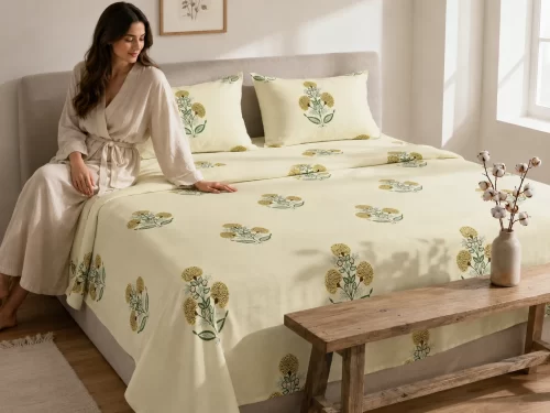 Malmal Super King Size Bedsheet (108 × 108 inches) Botanical Floral