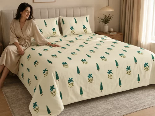 Malmal Super King Size Bedsheet (108 × 108 inches) Botanical Teal Bloom