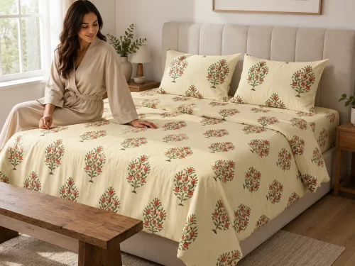Malmal Super King Size Bedsheet (108 × 108 inches) Floral Booti Print