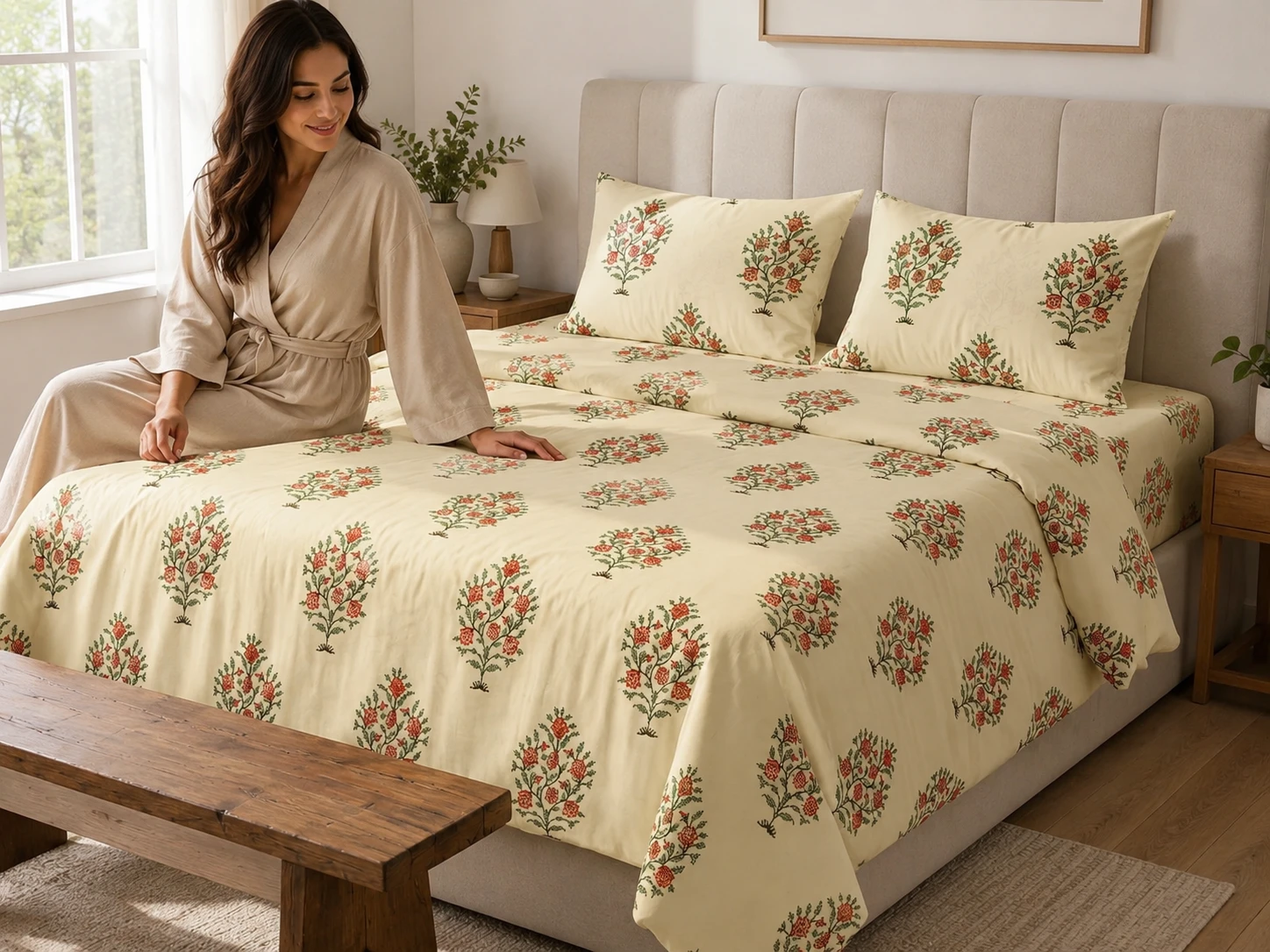 Malmal Super King Size Bedsheet (108 × 108 inches) Floral Booti Print