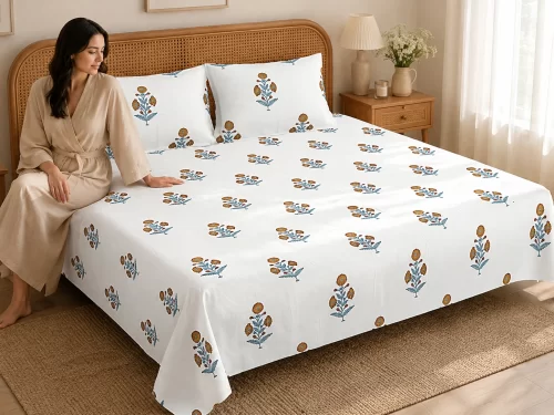 Malmal Super King Size Bedsheet (108 × 108 inches) Floral Booti Print