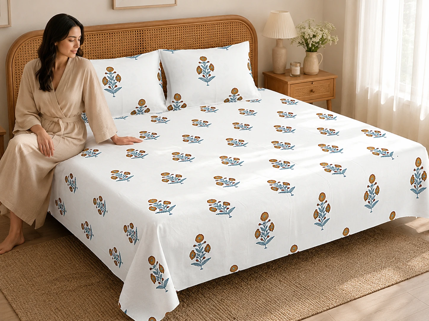 Malmal Super King Size Bedsheet (108 × 108 inches) Floral Booti Print
