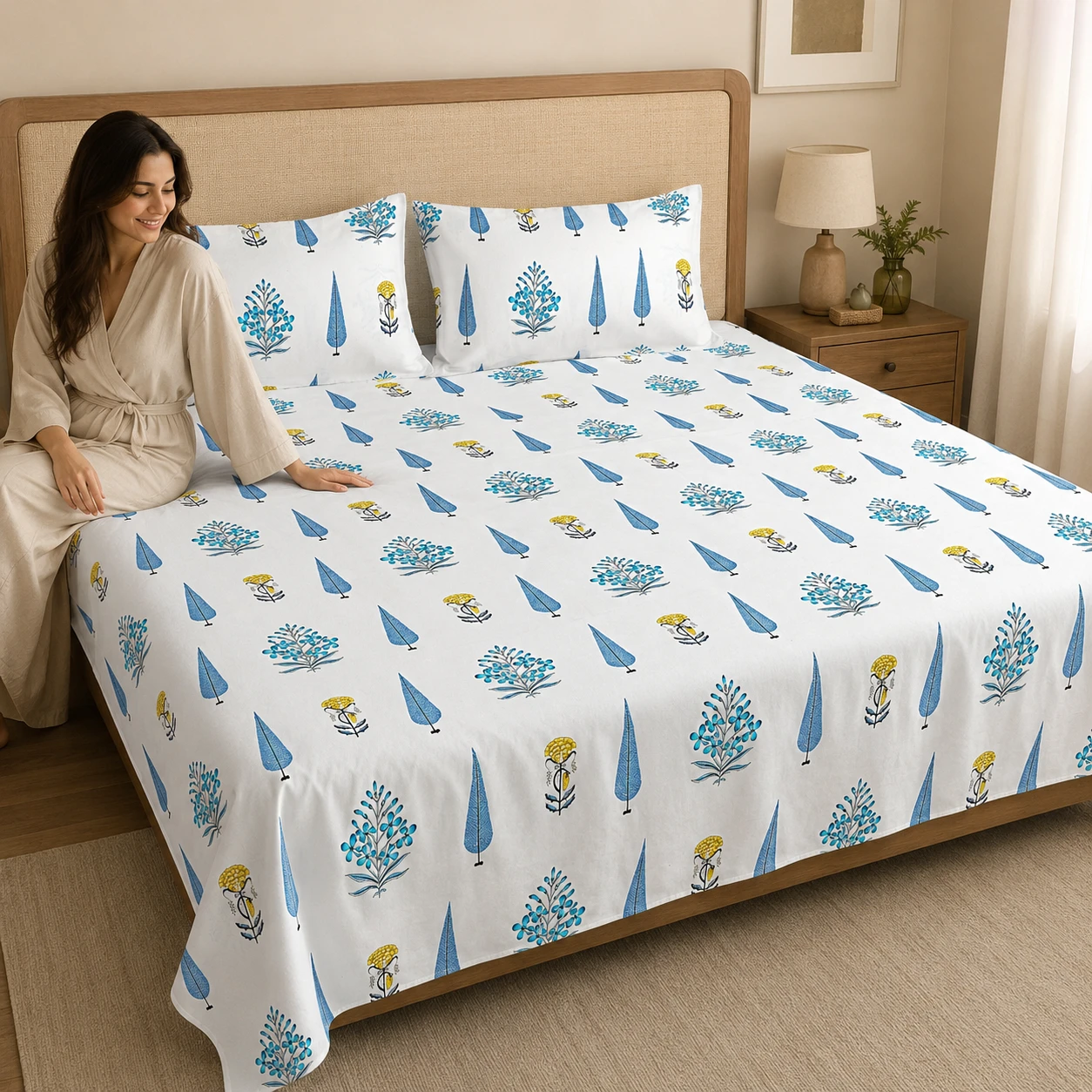 Malmal Super King Size Bedsheet (108 × 108 inches) Floral Print