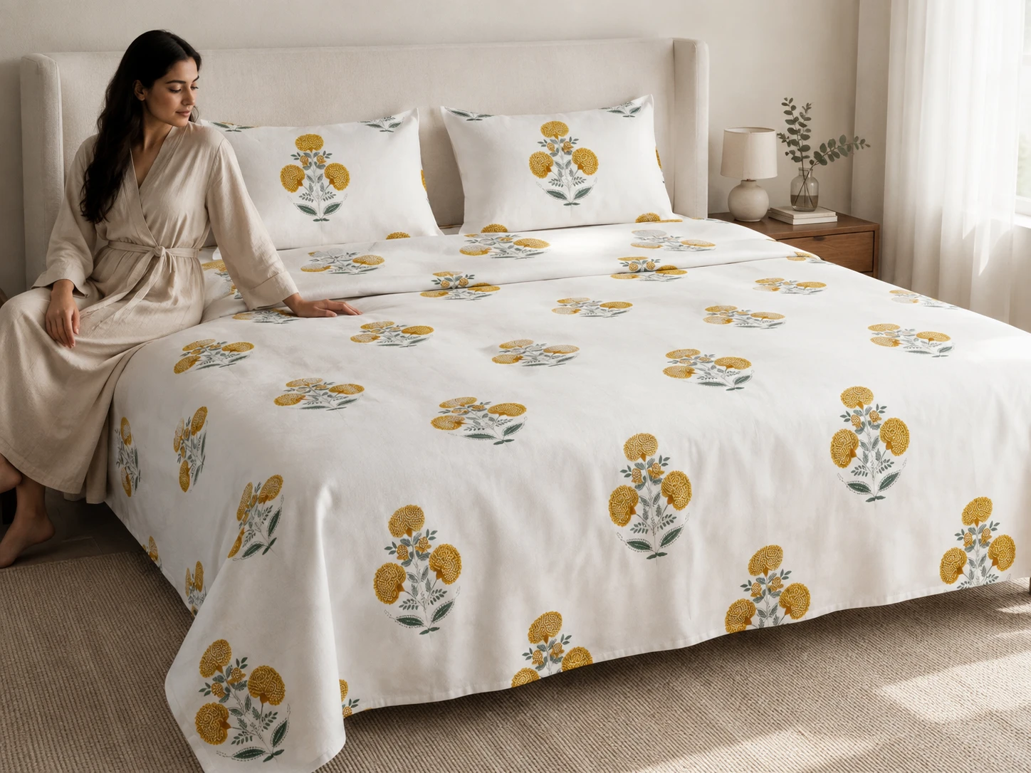 Malmal Super King Size Bedsheet (108 × 108 inches) Floral Booti Print