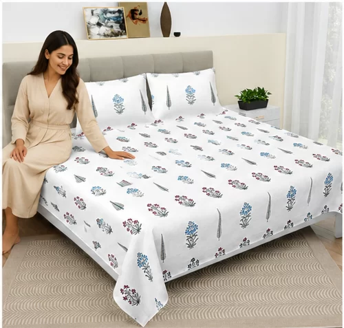 Malmal Super King Size Bedsheet (108 × 108 inches) Floral Booti Print