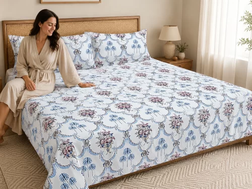 Malmal Super King Size Bedsheet (108 Ă— 108 inches) Palm Rose Print