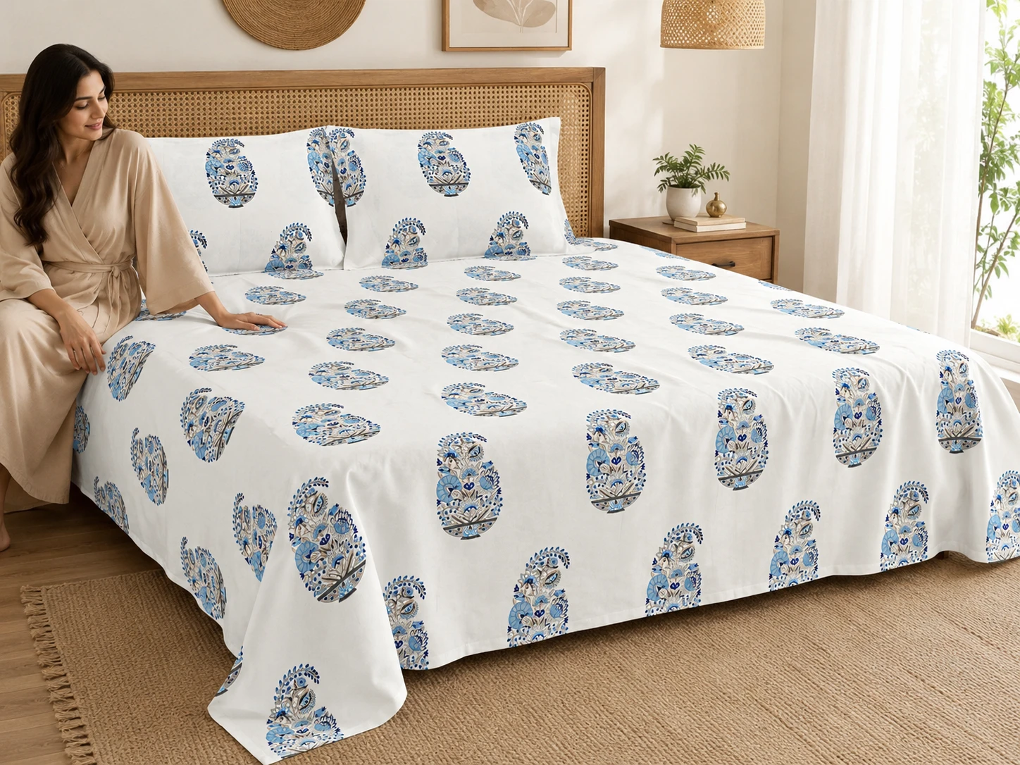 Malmal Super King Size Bedsheet (108 × 108 inches) Floral Vase