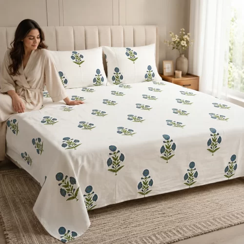 Malmal Super King Size Bedsheet (108 Ă— 108 inches) Wildflower Sprig