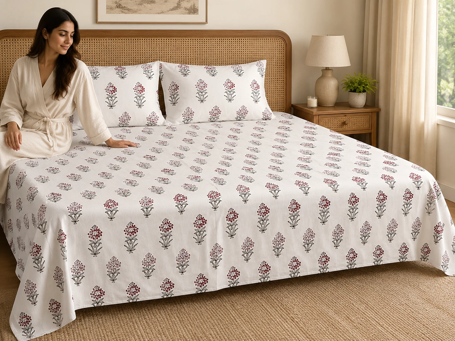 Malmal Super King Size Bedsheet (108 × 108 inches) Floral Booti
