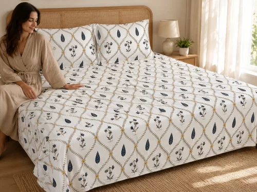 Malmal Super King Size Bedsheet (108 Ă— 108 inches) Trellis Leaf