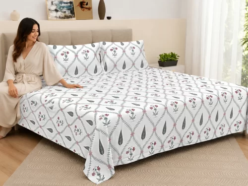 Malmal Super King Size Bedsheet (108 Ă— 108 inches) Trellis Leaf Floral