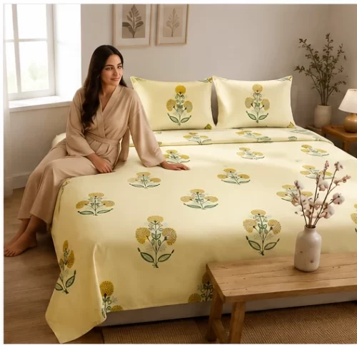 Malmal Super King Size Bedsheet (108 × 108 inches) Floral Booti Print