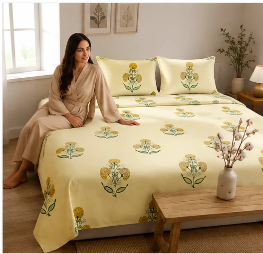 Malmal Super King Size Bedsheet (108 × 108 inches) Floral Booti Print