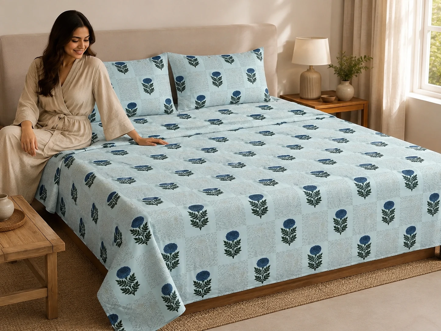 Malmal Super King Size Bedsheet (108 × 108 inches) Rose Patchwork Print