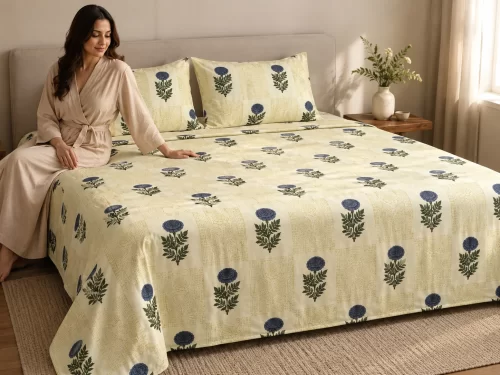 Malmal Super King Size Bedsheet (108 × 108 inches) Floral Block Print