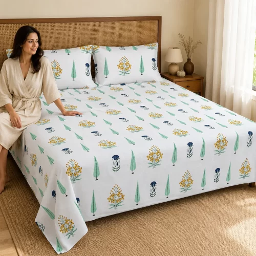 Malmal Super King Size Bedsheet (108 × 108 inches) Botanical Meadow Printed