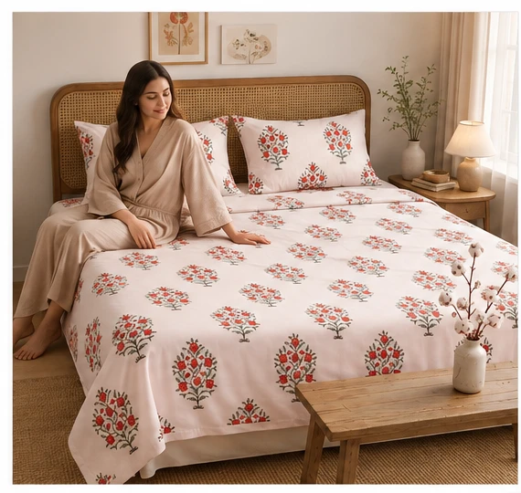 Malmal Super King Size Bedsheet (108 × 108 inches) Meher Floral Hand Block Print
